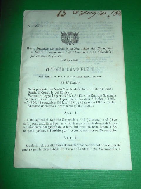 Regno Italia Regio Decreto Mobilizzazione Battaglioni Guardia Nazionale 1866 | Immagine principale