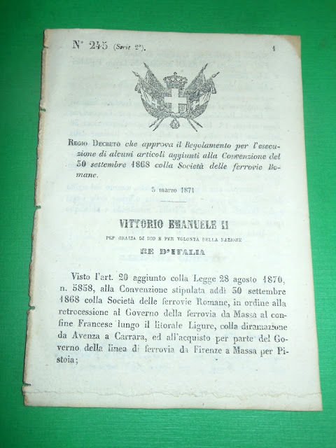 Regno Italia Regio Decreto Regolamento Convenzione Società Ferrovie Romane 1871 | Immagine principale
