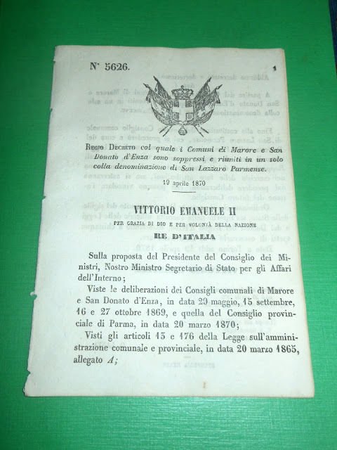 Regno Regio Decreto Comuni Marore e San Donato d' Enza … | Immagine principale