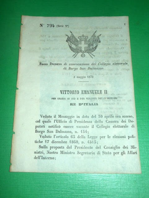 Regno Regio Decreto Convocazione Collegio Elettorale Borgo San Dalmazzo 1872 | Immagine principale