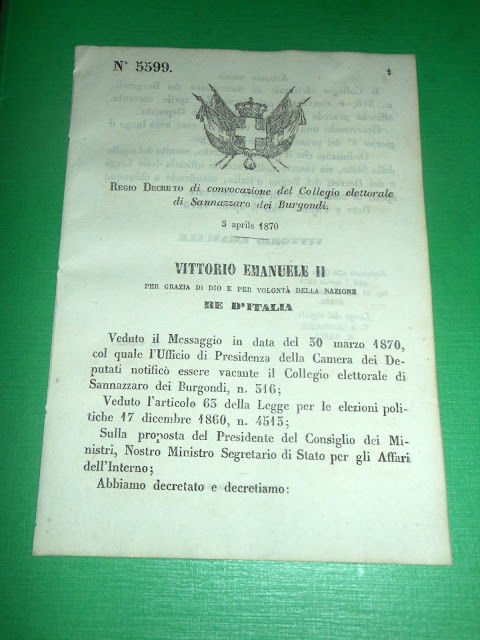 Regno Regio Decreto Convocazione Collegio Elettorale Sannazzaro Burgondi 1870 | Immagine principale