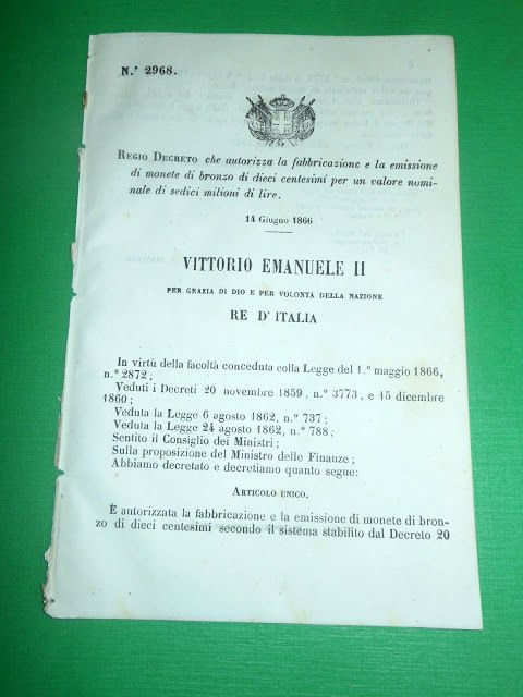 Regno Regio Decreto Fabbricazione Emissione Monete Bronzo 10 Centesimi 1866 | Immagine principale