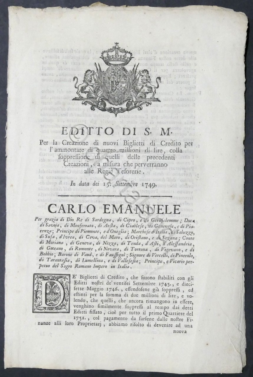 Regno Sardegna - Editto di Sua Maestà - Creazione Biglietti …