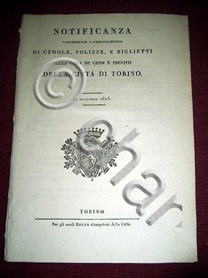 Regno Sardegna Cedole Polizze Biglietti Cassa de' Censi e Prestiti …