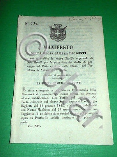 Regno Sardegna Manifesto Diritti Passaggio Porto Stura - Villanova di …