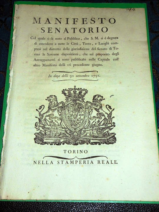 Regno Sardegna Manifesto Senatorio Disposizioni sugli Attruppamenti Torino 1791