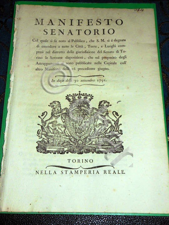 Regno Sardegna Manifesto Senatorio Disposizioni sugli Attruppamenti Torino 1791