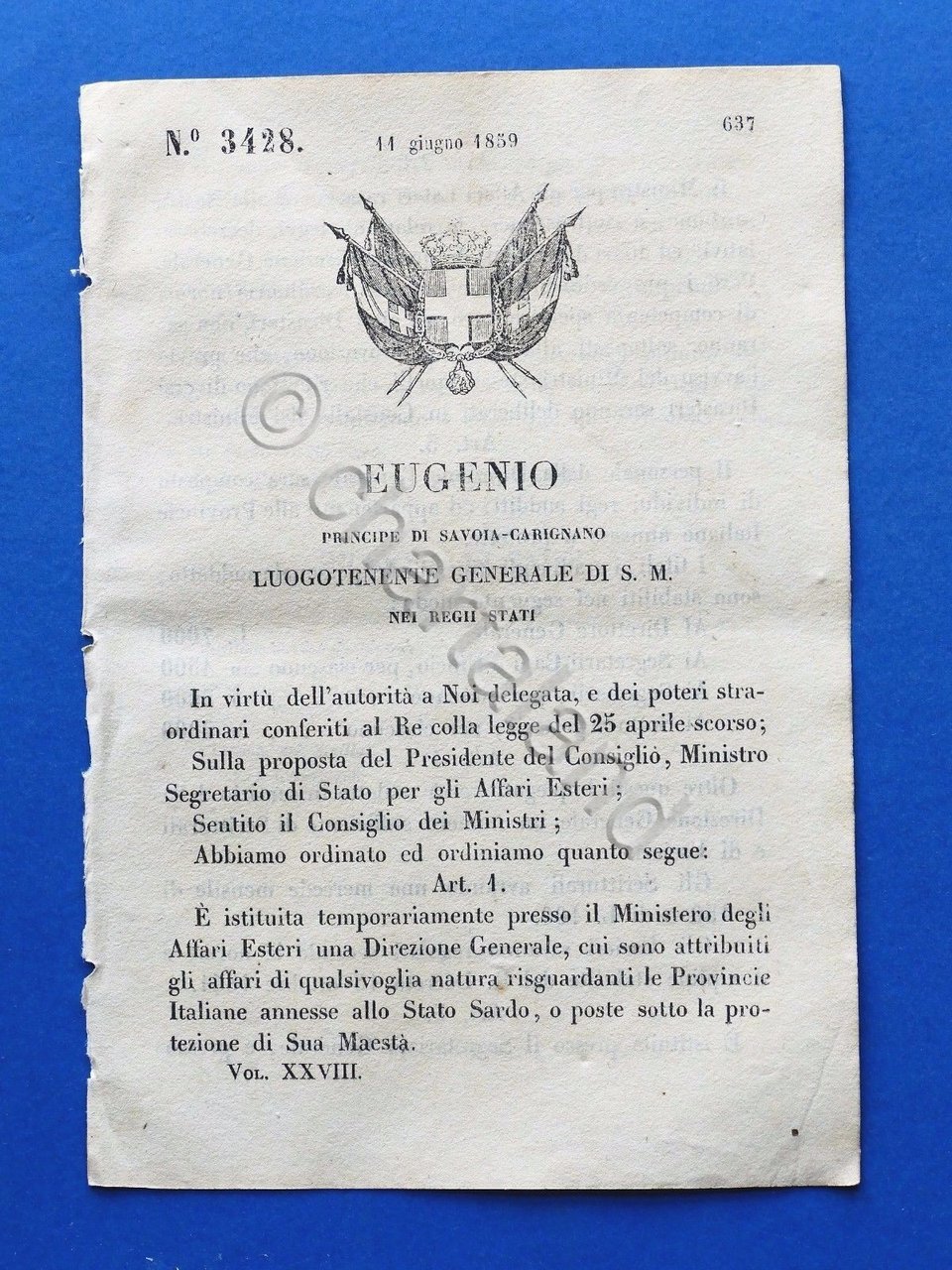 Regno Sardegna Regio Decreto Istituzione Direzione Generale Affari Esteri 1859 | Immagine principale