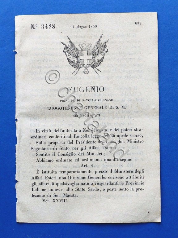 Regno Sardegna Regio Decreto Istituzione Direzione Generale Affari Esteri 1859 | Immagine Gallery 2