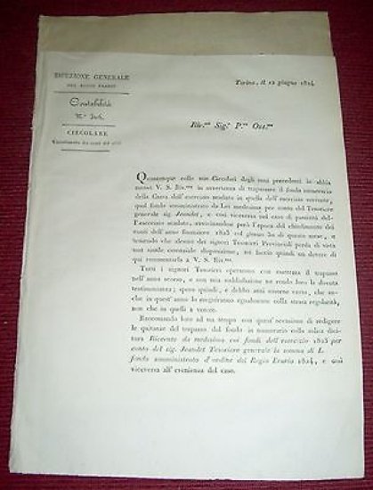 Regno Sardegna Savoia Torino - Circolare Chiusura Conti del 1823 …