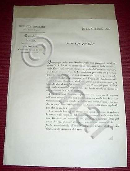 Regno Sardegna Savoia Torino - Circolare Chiusura Conti del 1823 …