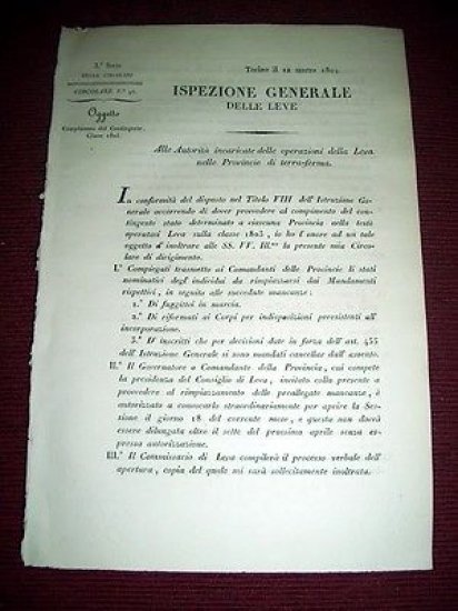 Regno Sardegna Savoia Torino Circolare Compimento del Contingente Classe 1803