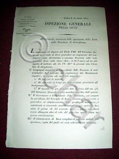 Regno Sardegna Savoia Torino Circolare Compimento del Contingente Classe 1803