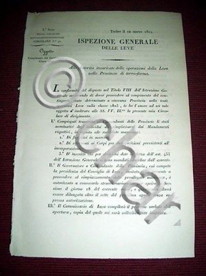 Regno Sardegna Savoia Torino Circolare Compimento del Contingente Classe 1803