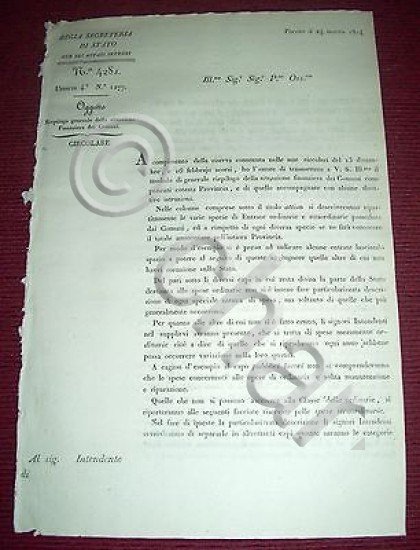 Regno Sardegna Savoia Torino Circolare Situazione Finanziera dei Comuni 1824