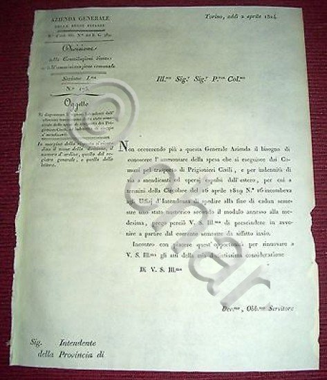 Regno Sardegna Savoia Torino Circolare Spese Trasporto Prigionieri Civili 1824