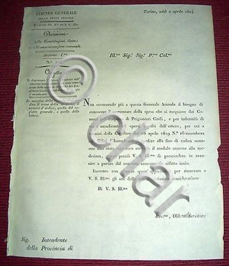 Regno Sardegna Savoia Torino Circolare Spese Trasporto Prigionieri Civili 1824
