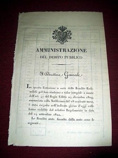 Regno Sardegna Savoia Torino Estrazione a Sorte delle Rendite Redimibili …