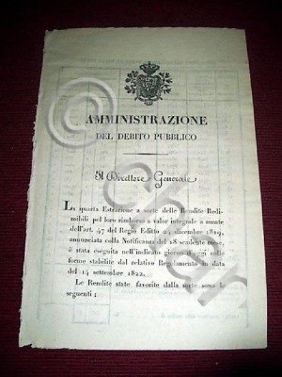 Regno Sardegna Savoia Torino Estrazione a Sorte delle Rendite Redimibili …