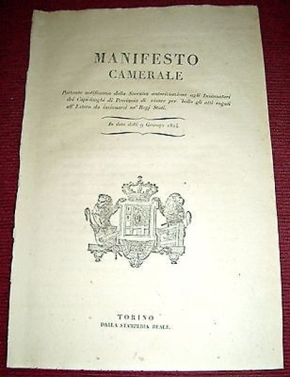 Regno Sardegna Savoia Torino Manifesto Camerale Bollo Atti Rogati Estero …