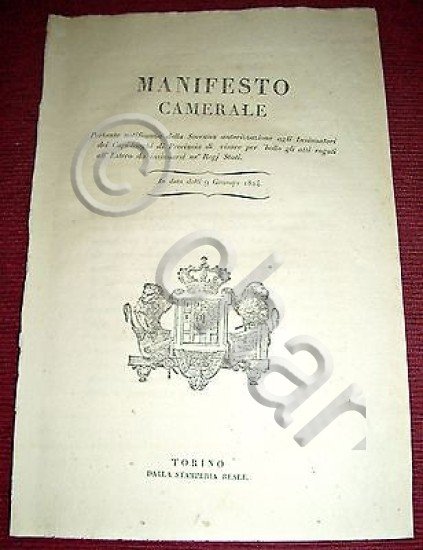 Regno Sardegna Savoia Torino Manifesto Camerale Bollo Atti Rogati Estero …