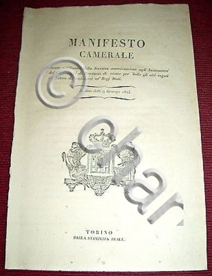 Regno Sardegna Savoia Torino Manifesto Camerale Bollo Atti Rogati Estero …