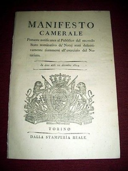 Regno Sardegna Savoia Torino Manifesto Camerale Stato Nominativo dei Notai …