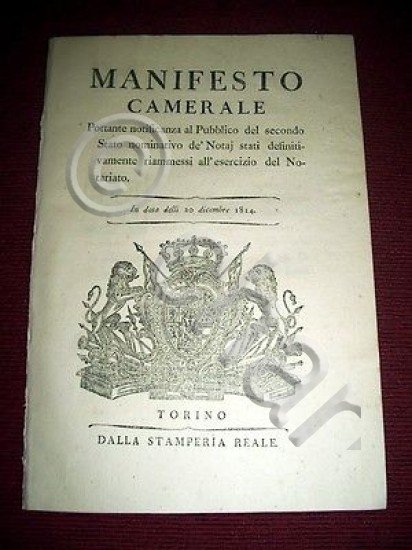 Regno Sardegna Savoia Torino Manifesto Camerale Stato Nominativo dei Notai …