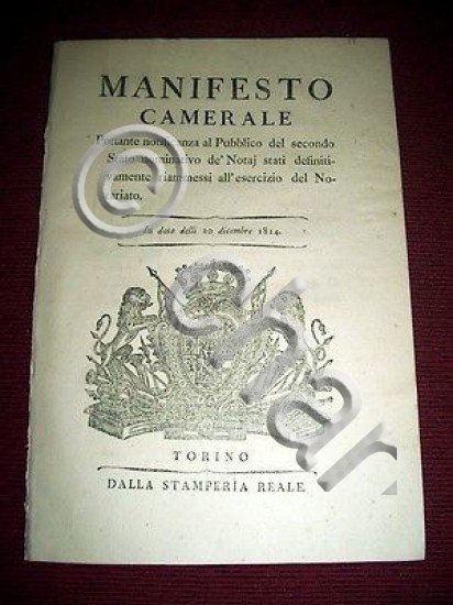 Regno Sardegna Savoia Torino Manifesto Camerale Stato Nominativo dei Notai …