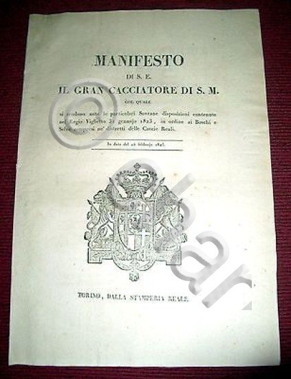 Regno Sardegna Savoia Torino Manifesto Distretto della Caccia Reale 1823