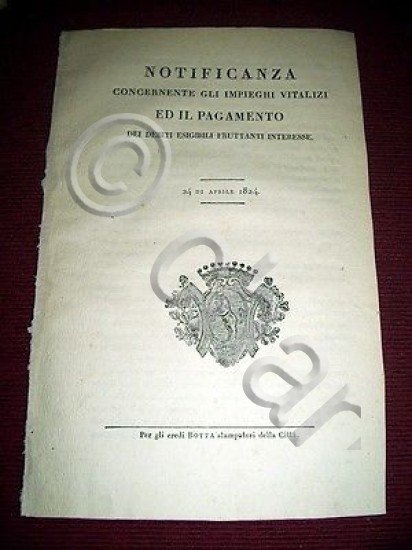 Regno Sardegna Savoia Torino Notifica Impieghi Vitalizi Pagamento Debiti 1824