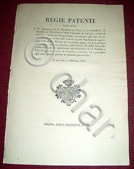 Regno Sardegna Savoia Torino Regie Patenti Castellani Sindaci Nizza 1823