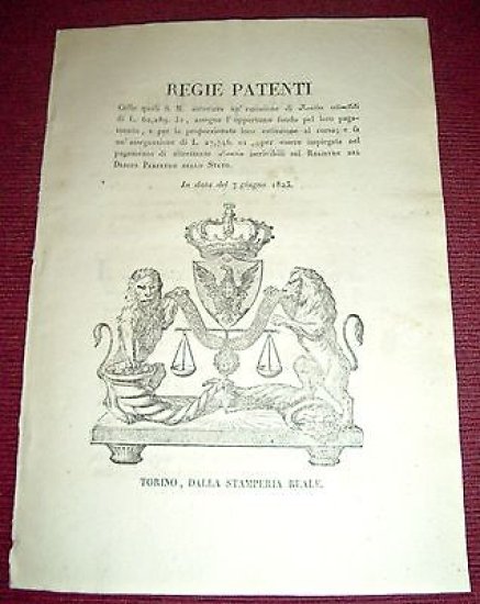 Regno Sardegna Savoia Torino Regie Patenti Emissione Rendite Redimibili 1823