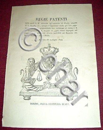 Regno Sardegna Savoia Torino Regie Patenti Emissione Rendite Redimibili 1823