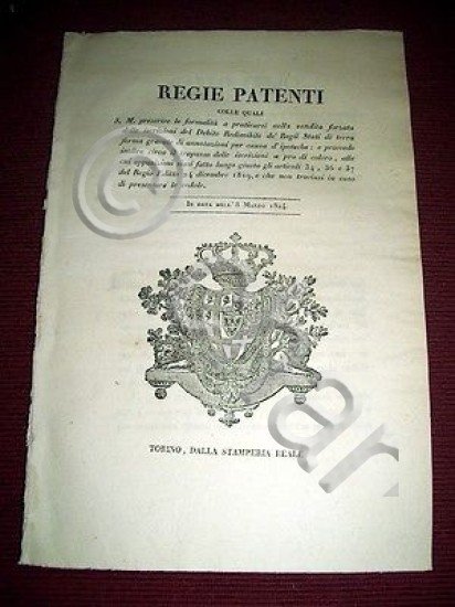 Regno Sardegna Savoia Torino Regie Patenti Vendita Iscrizioni Debito 1824