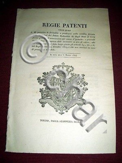 Regno Sardegna Savoia Torino Regie Patenti Vendita Iscrizioni Debito 1824