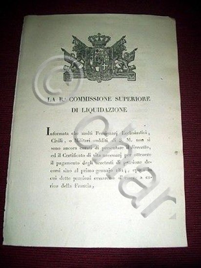 Regno Sardegna Torino Brevetto Arretrati Pensioni Ecclesiastici Militari 1823