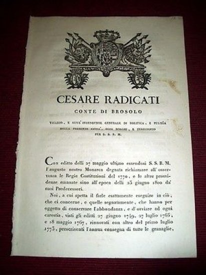 Regno Sardegna Torino Brosolo Decreto Consegna di Granaglie allo Stato …