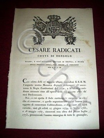 Regno Sardegna Torino Brosolo Decreto Consegna di Granaglie allo Stato …