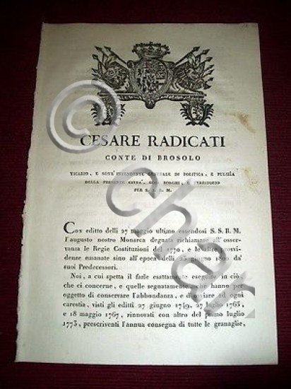 Regno Sardegna Torino Brosolo Decreto Consegna di Granaglie allo Stato …