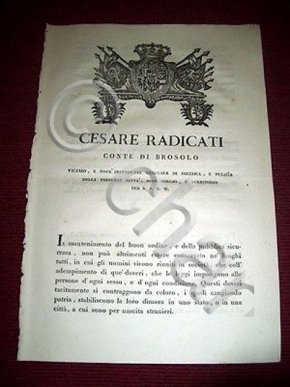 Regno Sardegna Torino Brosolo Decreto per la Dimora dei Forestieri …