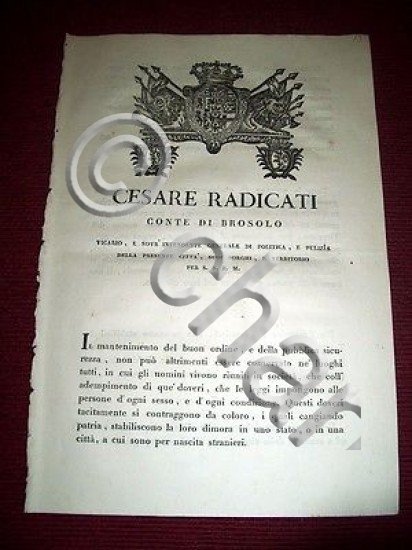 Regno Sardegna Torino Brosolo Decreto per la Dimora dei Forestieri …
