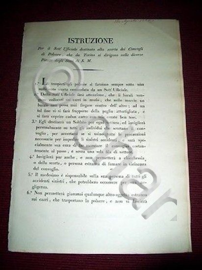 Regno Sardegna Torino Istruzioni Sottufficiale Scorta Convogli di Polvere 1815