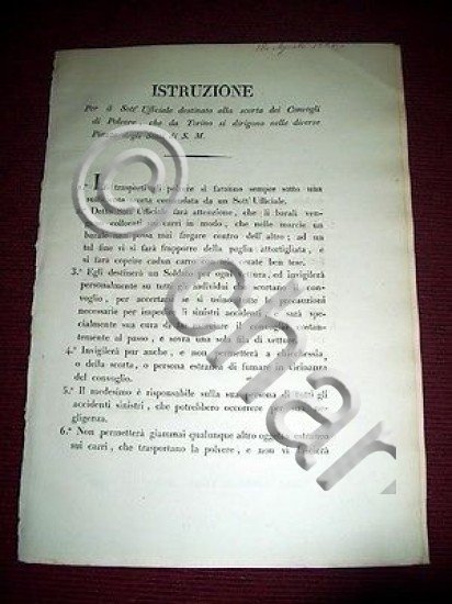 Regno Sardegna Torino Istruzioni Sottufficiale Scorta Convogli di Polvere 1815