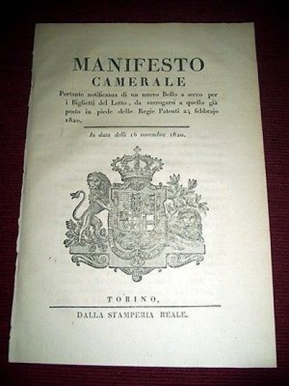 Regno Sardegna Torino Manifesto Camerale Bollo a secco per Biglietti …