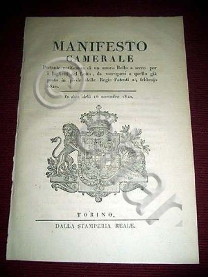 Regno Sardegna Torino Manifesto Camerale Bollo a secco per Biglietti …