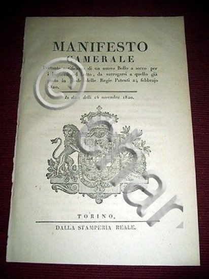 Regno Sardegna Torino Manifesto Camerale Bollo a secco per Biglietti …