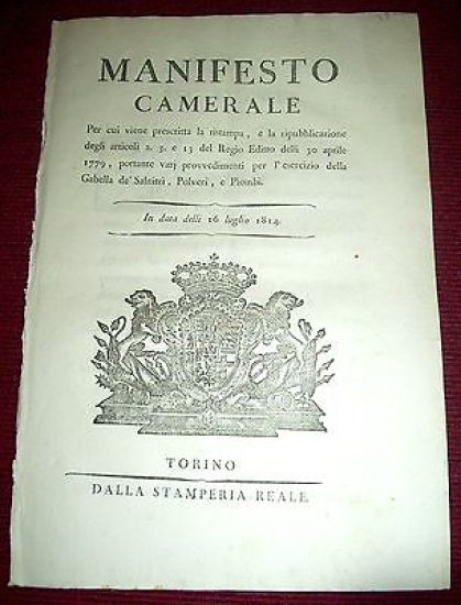 Regno Sardegna Torino Manifesto Camerale Gabella Salnitri Polveri Piombi 1814