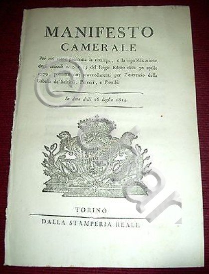 Regno Sardegna Torino Manifesto Camerale Gabella Salnitri Polveri Piombi 1814