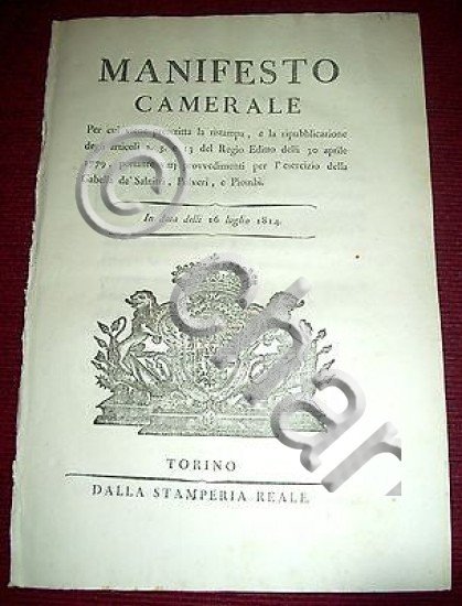 Regno Sardegna Torino Manifesto Camerale Gabella Salnitri Polveri Piombi 1814